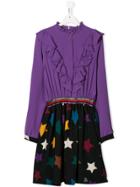 Petit Star Print Ruffle Detail Dress - Purple