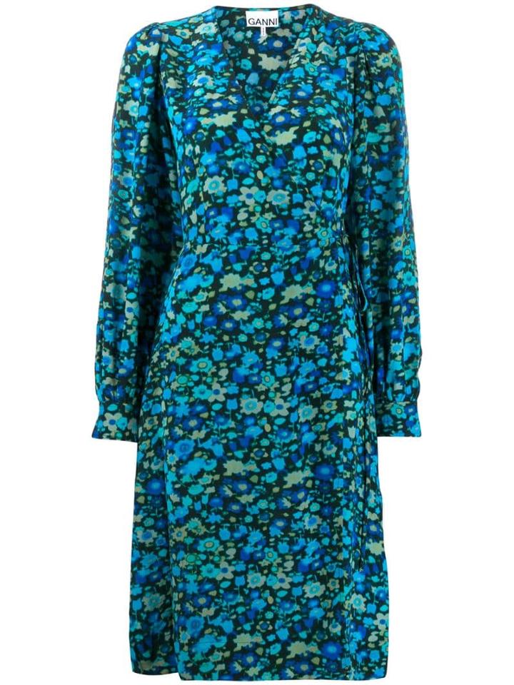 Ganni Floral-print Wrap Dress - Blue