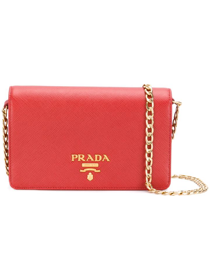 Prada Logo Plaque Chain Clutch - Red