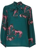 L'autre Chose Printed Blouse With Neck Tie - Green