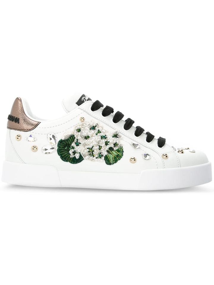 Dolce & Gabbana White Geranium Embroidered Portofino Sneakers
