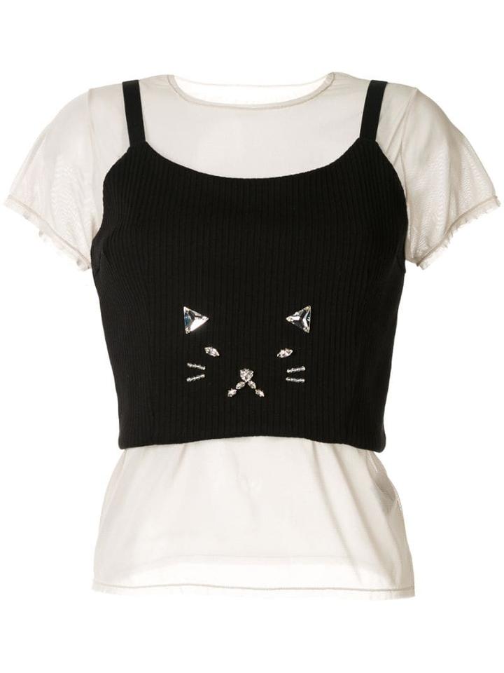 Tu Es Mon Trésor Embellished Cat Mesh T-shirt - Black