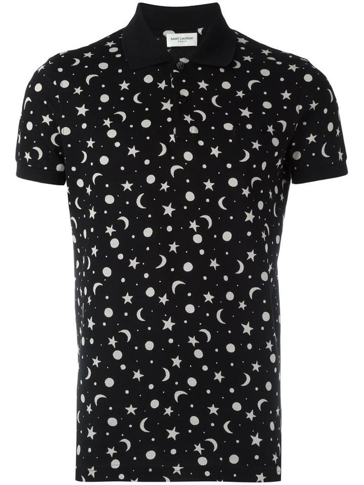 Saint Laurent Star And Moon Print Polo Shirt, Men's, Size: Large, Black, Cotton