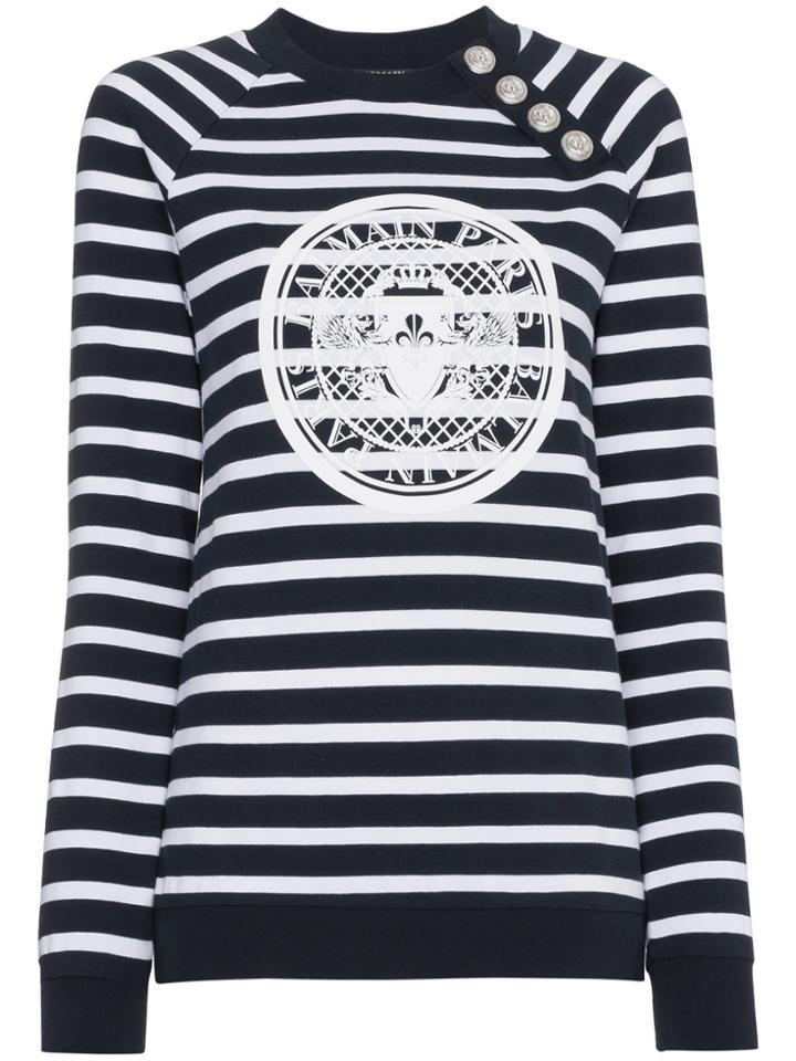 Balmain Striped Logo Jumper With Silver Buttons - Blue