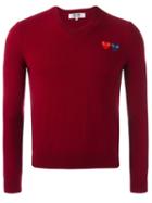 Comme Des Garçons Play V Neck Fine Knit Jumper, Men's, Size: Large, Pink/purple, Wool