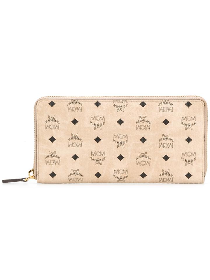 Mcm Logo Print Zip Around Wallet - Nude & Neutrals