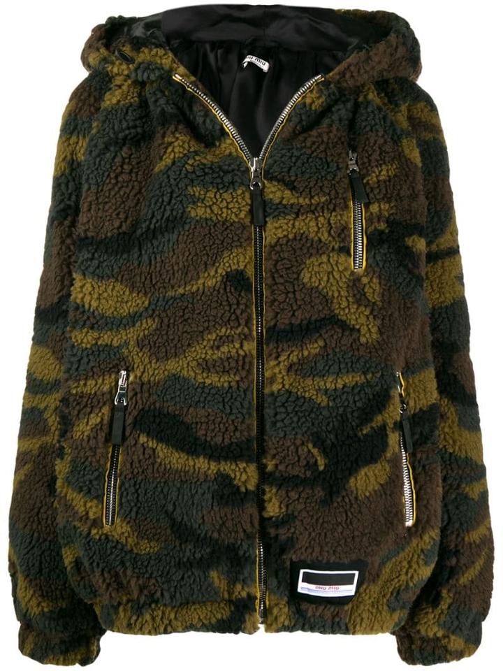 Miu Miu Camouflage-print Teddy Bomber Jacket - Brown