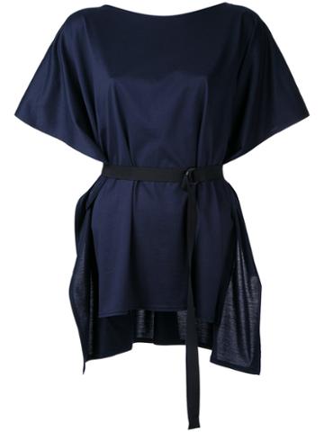 Taro Horiuchi Belted Shortsleeved Blouse, Women's, Blue, Cotton