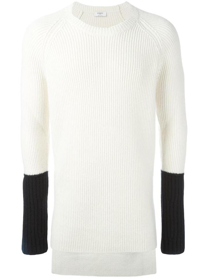 Ports 1961 Contrast Sleeve Ribbed Pullover, Men's, Size: Large, White, Virgin Wool