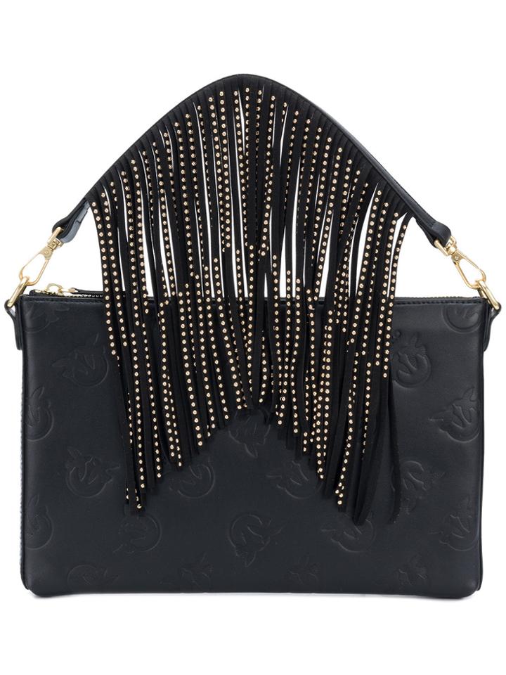 Pinko Logo Embossed Fringe Clutch Bag - Black