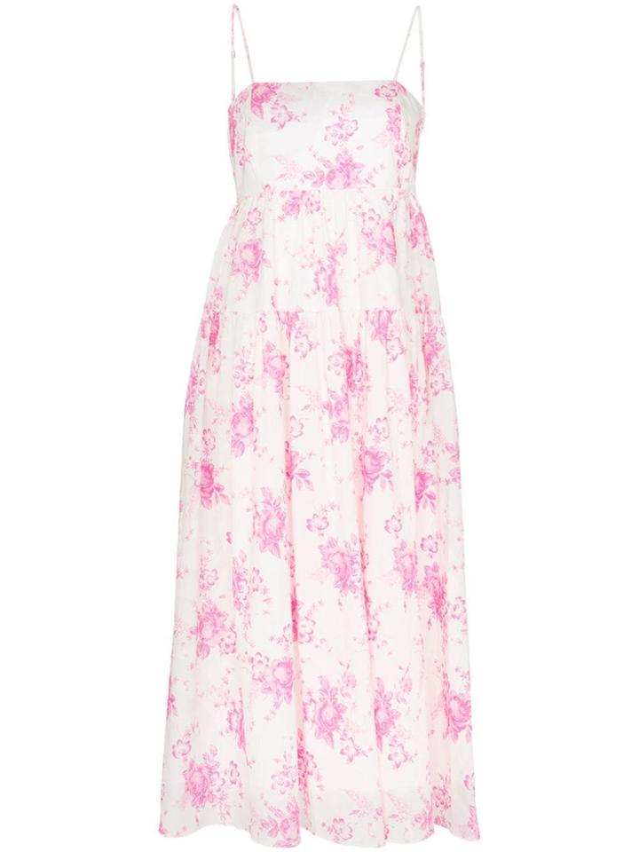 Les Reveries Strappy Floral Print Pleated Cotton Midi Dress - White