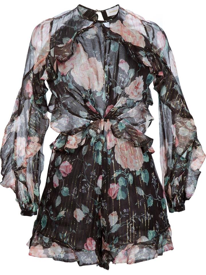 Zimmermann Master Flute Floral Romper, Women's, Size: 2, Black, Silk/lurex