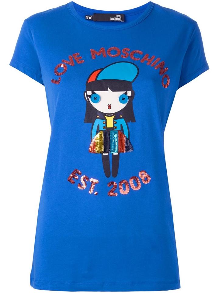 Love Moschino Sequin Embellished T-shirt, Women's, Size: 44, Blue, Cotton/spandex/elastane