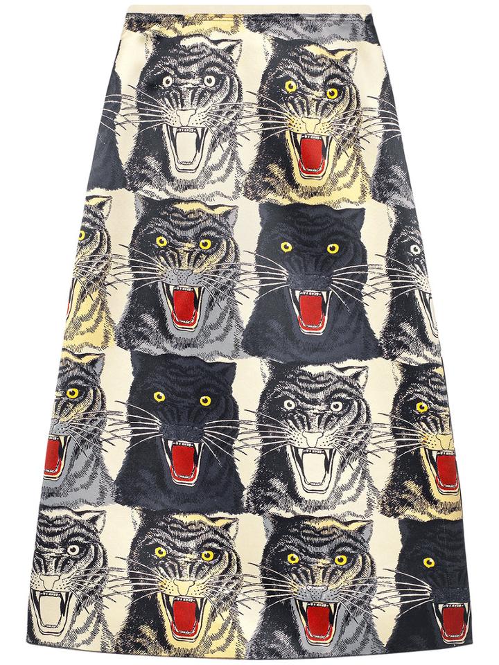 Gucci - Tiger Face Print Silk A-line Skirt - Women - Silk - 46, Nude/neutrals, Silk