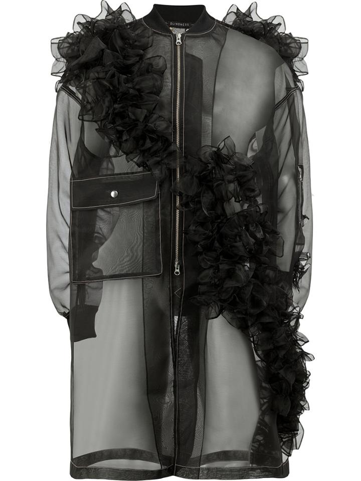 Blindness Sheer Zipped Ruffled Coat - Black