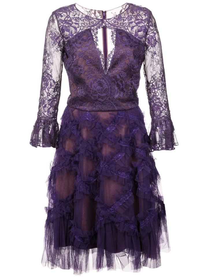 Marchesa Notte Keyhole Lace Midi Dress - Pink & Purple