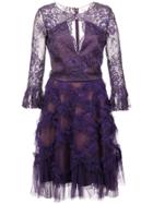 Marchesa Notte Keyhole Lace Midi Dress - Pink & Purple