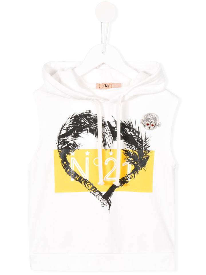 No21 Kids - Sleeveless Print Hoodie - Kids - Cotton/spandex/elastane - 10 Yrs, Girl's, White