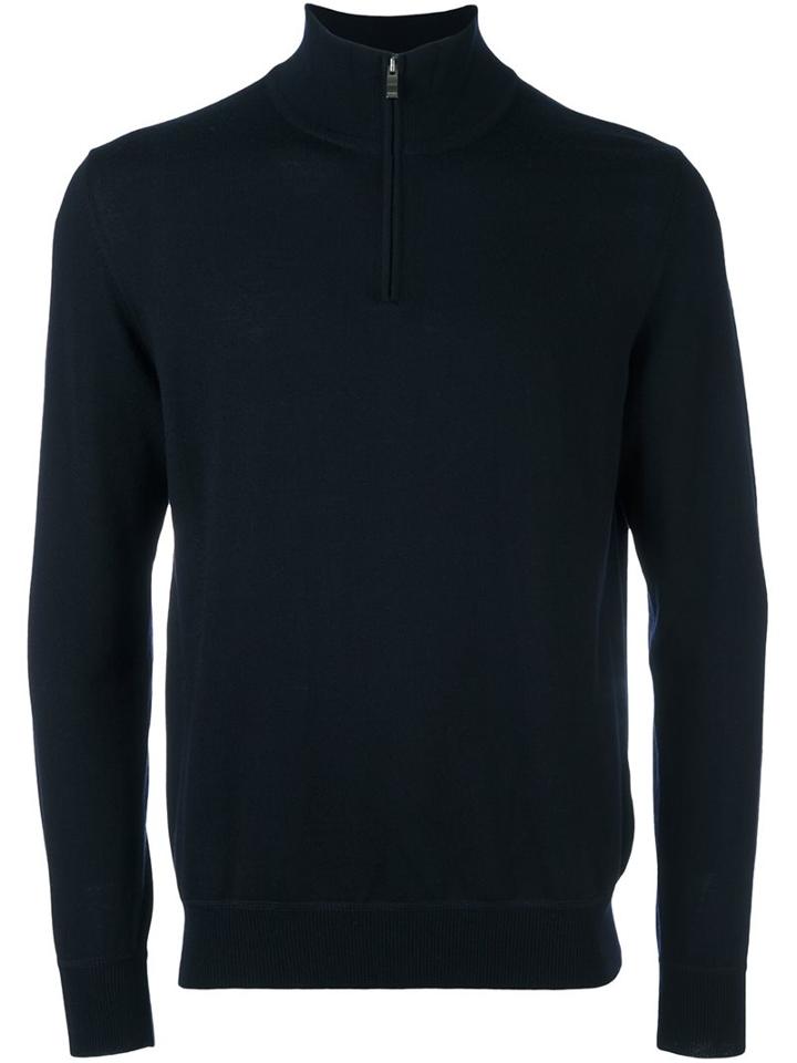 Z Zegna Zipped Roll Neck Pullover, Men's, Size: Large, Blue, Wool