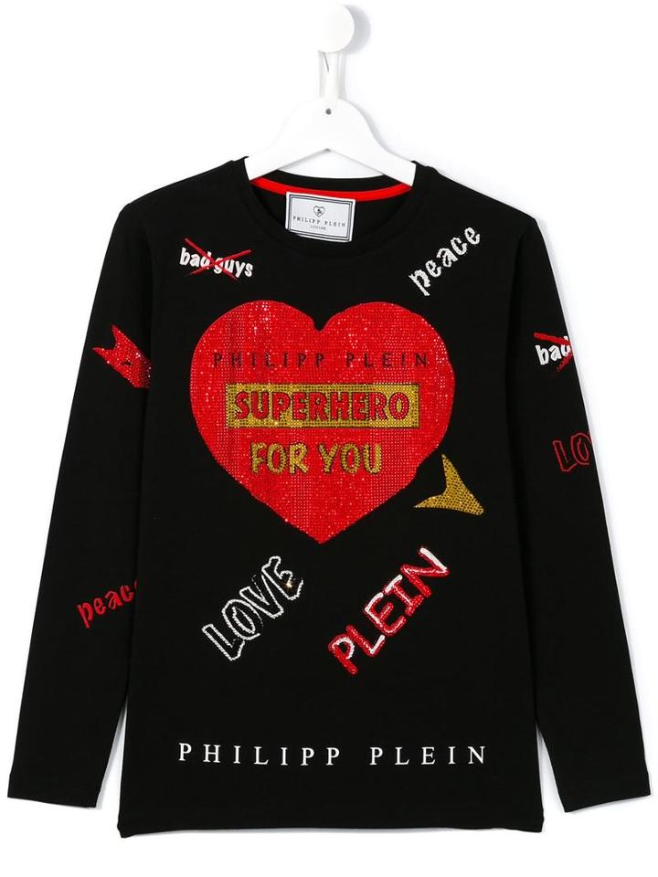 Philipp Plein Kids Embellished Heart Print T-shirt, Girl's, Size: 14 Yrs, Black