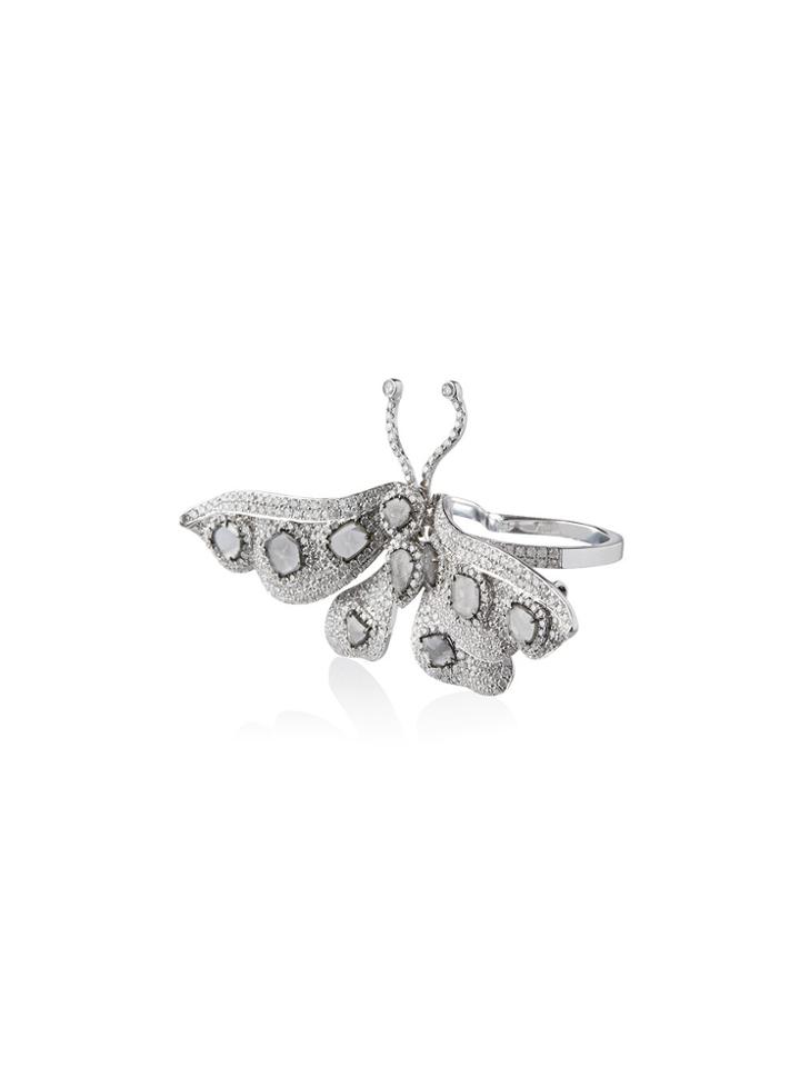Saqqara 18k White Gold And Diamond Butterfly Double Ring - Grey
