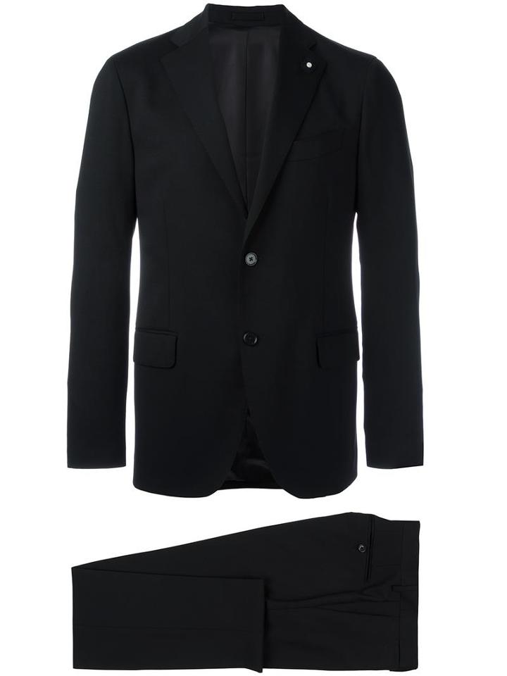 Lardini Flap Pockets Formal Suit, Men's, Size: 52, Black, Wool/spandex/elastane/viscose/cotton