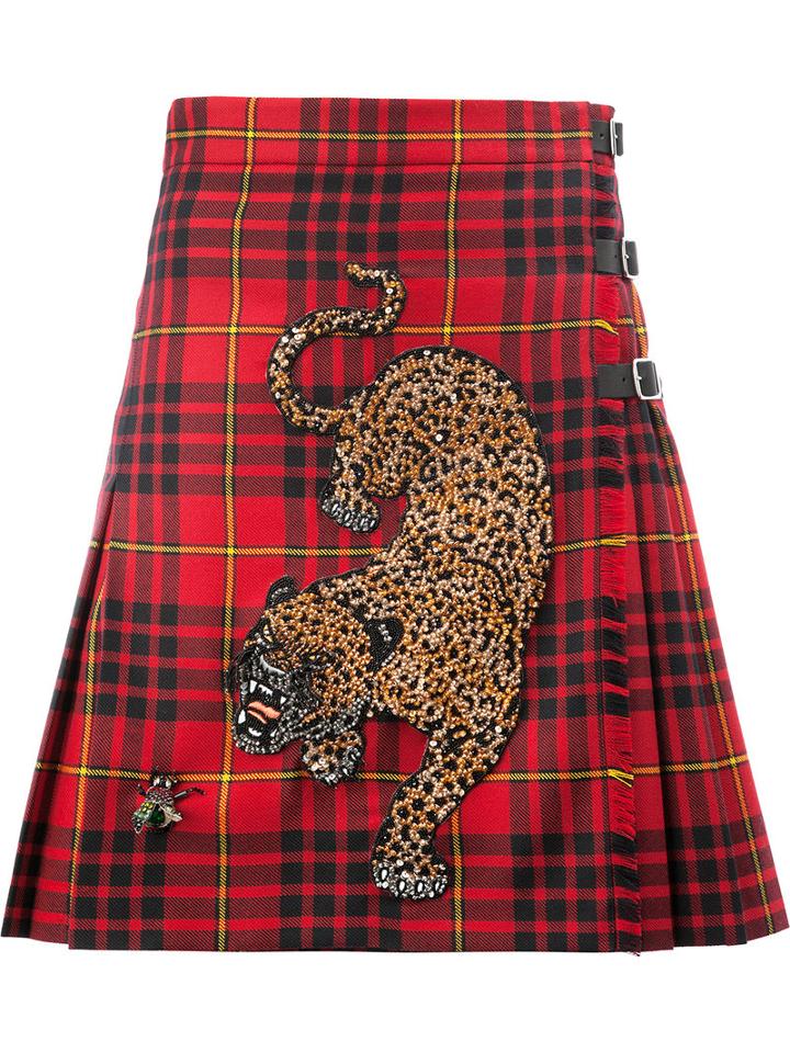 Gucci Beads Embroidery Checked Skirt, Women's, Size: 44, Red, Wool/leather