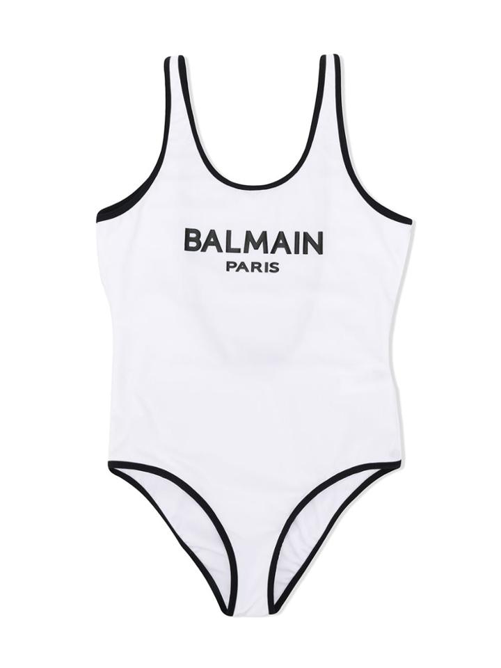 Balmain Kids Teen Logo Print Swimsuit - White