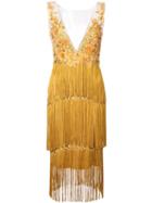 Marchesa Notte Floral Embroidery Fringed Dress - Yellow