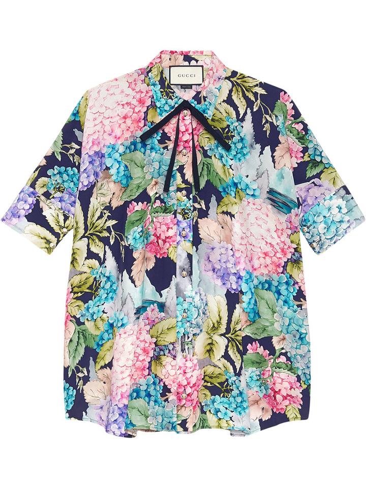 Gucci - Hydrangea Print Silk Cape Shirt - Women - Silk - 46, Black, Silk