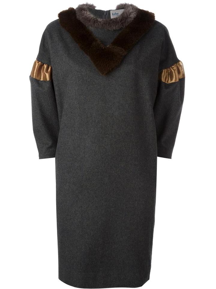 Kolor Faux Fur Collar Dress, Women's, Size: 3, Grey, Wool/nylon/acrylic/cupro
