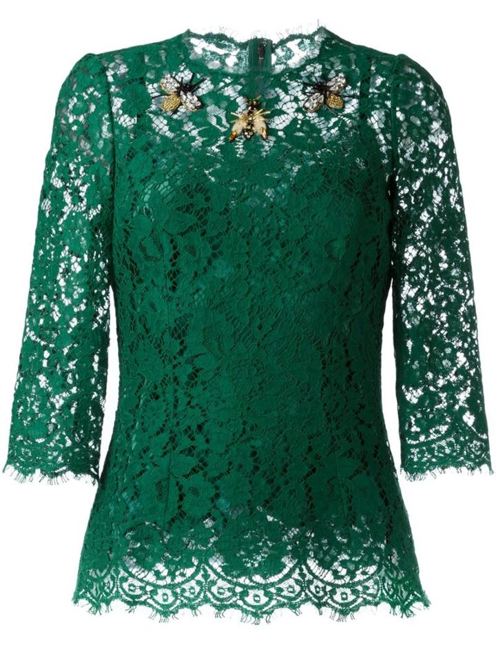 Dolce & Gabbana Embellished Lace Blouse, Women's, Size: 40, Green, Cotton/viscose/nylon/nylon