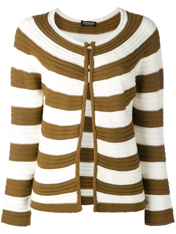 Twin-set - Striped Open Front Cardigan - Women - Cotton - M, White, Cotton