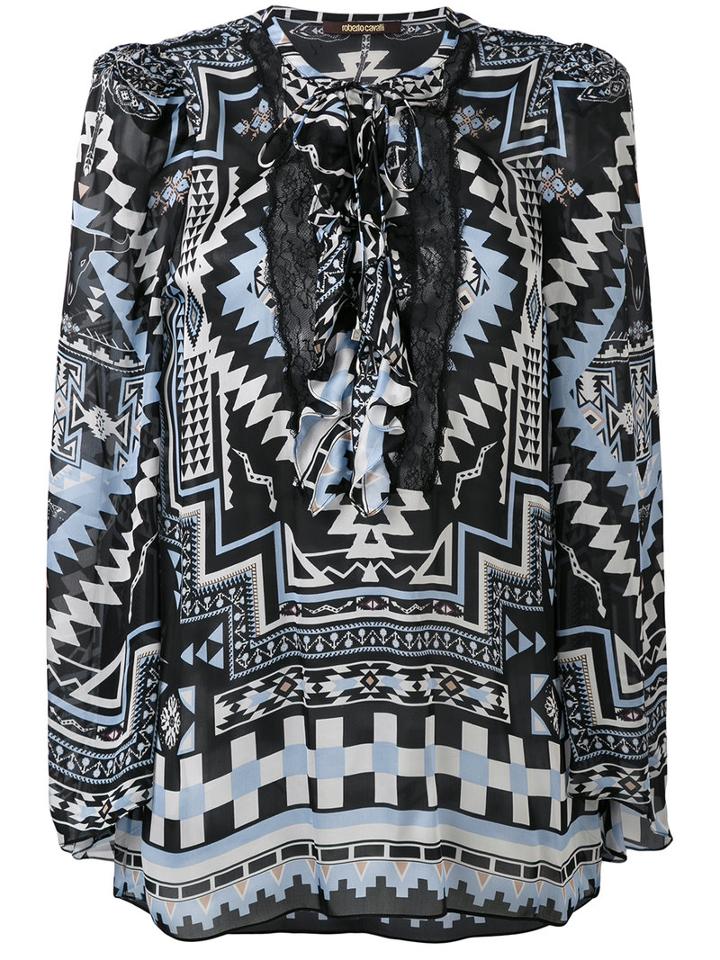Roberto Cavalli - Ethnic Print Lace-up Blouse - Women - Silk/polyamide - 42, Black, Silk/polyamide