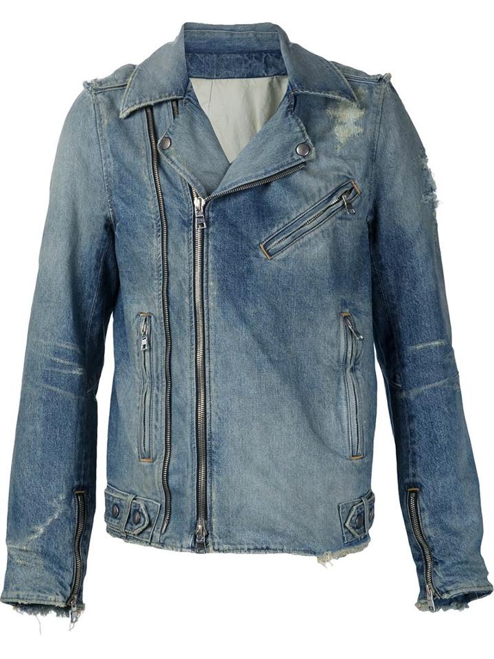 Balmain Destroyed Denim Biker Jacket, Men's, Size: Medium, Blue, Cotton