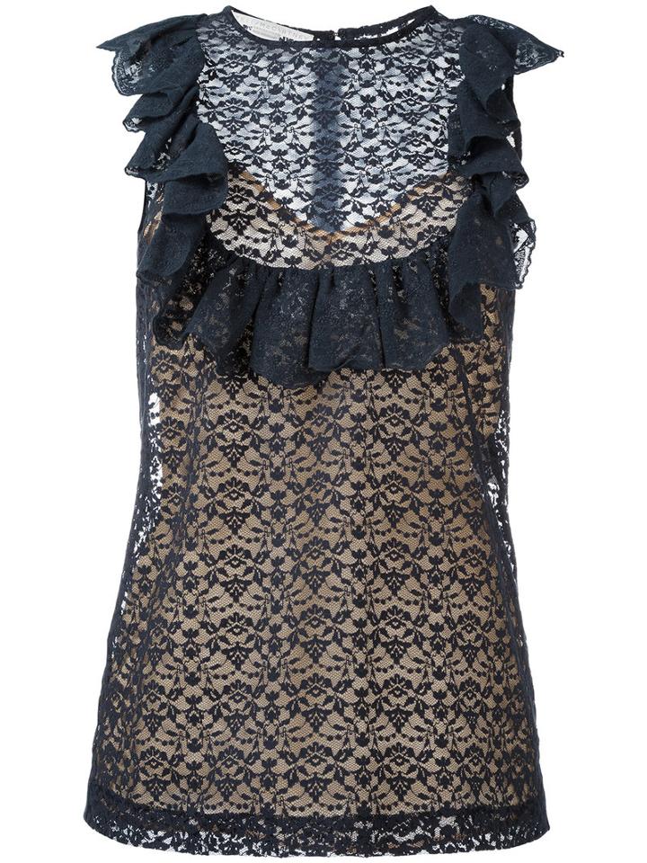 Stella Mccartney Ruffle Trim Semi-sheer Lace Top, Women's, Size: 38, Blue, Cotton/polyester