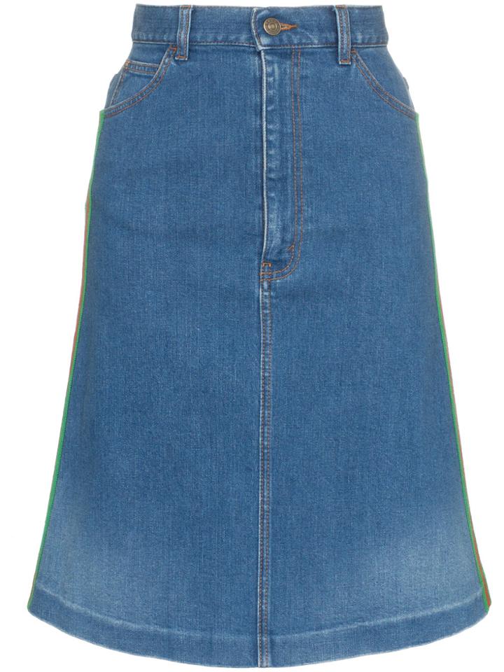 Gucci A-line Ribbon Web Stripe Denim Skirt - Blue