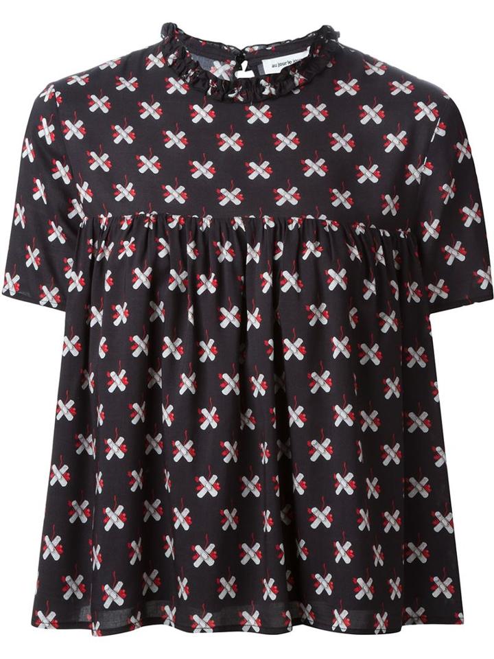 Au Jour Le Jour Bandaid Print Ruffle Neck Pleated Blouse