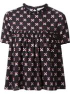 Au Jour Le Jour Bandaid Print Ruffle Neck Pleated Blouse