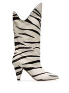 Attico White Betta 85 Zebra Print Pony Hair Leather Mid-calf Boots -