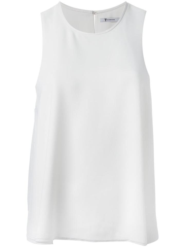 T By Alexander Wang Leather Trim Flared Top, Women's, Size: 6, White, Polyester/lamb Skin