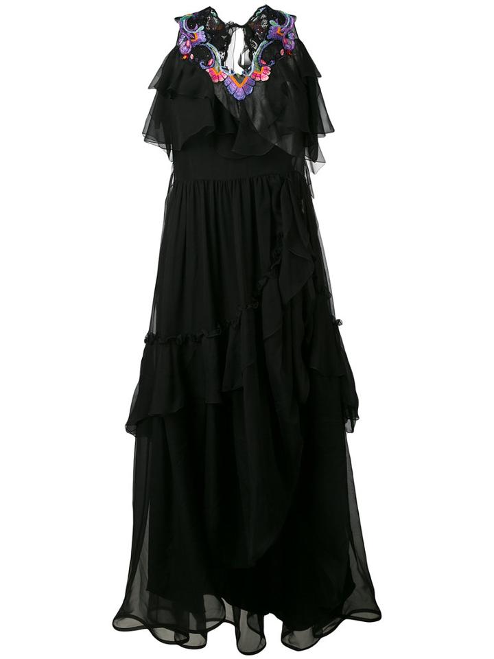 Alberta Ferretti - Embroidered Trim Tiered Dress - Women - Silk - 42, Black, Silk