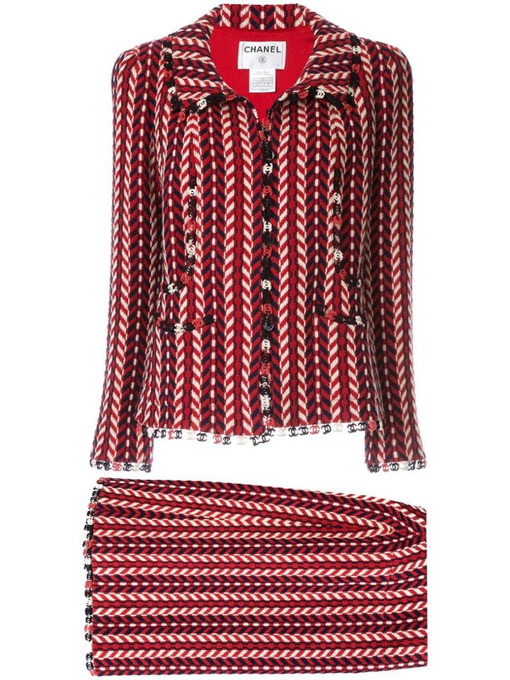 Chanel Vintage Cc Trim Tricolour Tweed Suit - Red