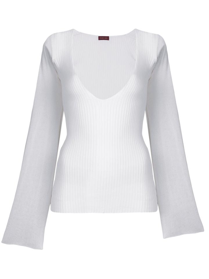 Romeo Gigli Vintage Deep Neck Ribbed Blouse - White