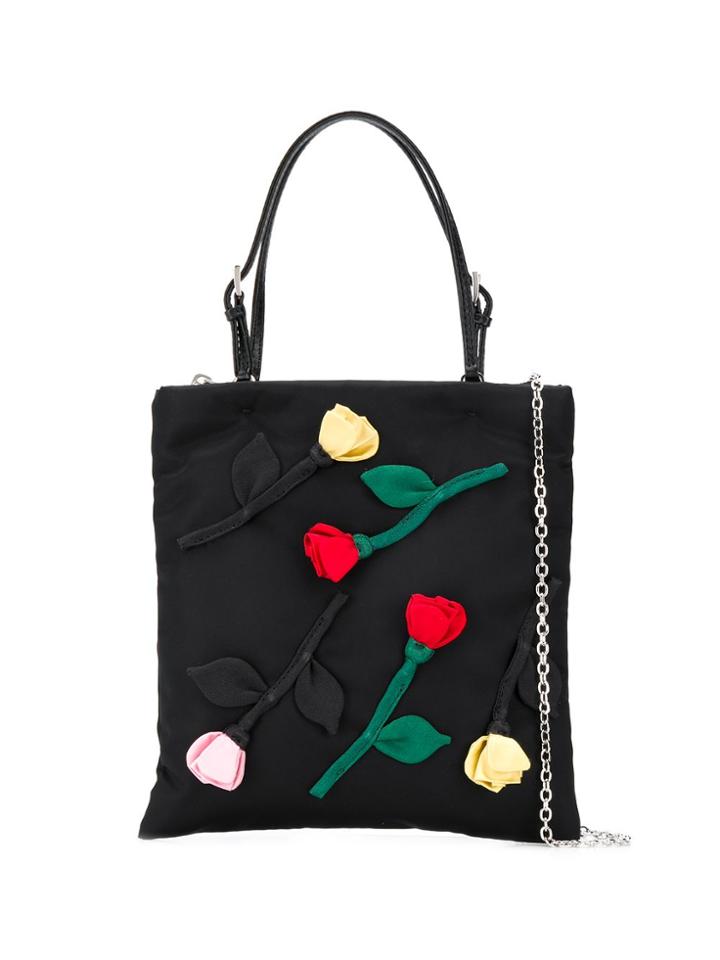 Prada Floral Embroidered Tote - Black