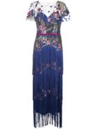 Marchesa Notte Tiered Fringe Evening Gown - Blue