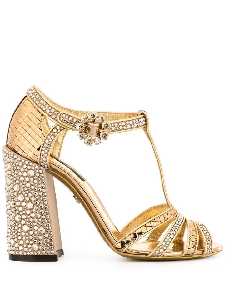 Dolce & Gabbana Rhinestone-embellished T-strap Sandals - Gold