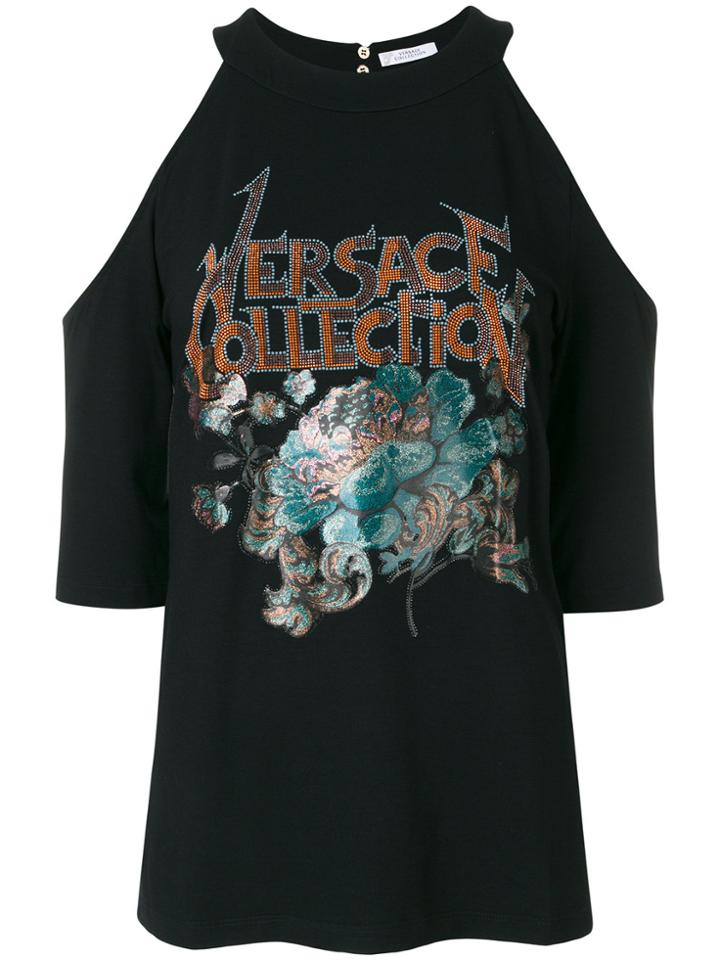 Versace Collection Embellished Cold Shoulder T-shirt - Black