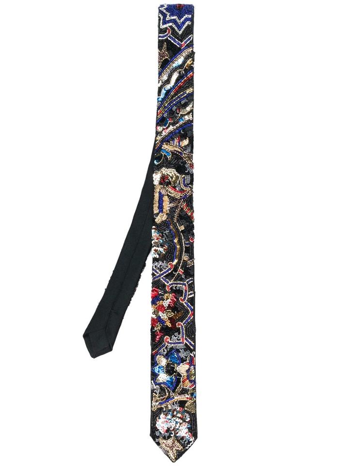 Saint Laurent Sequin Embroidered Skinny Tie - Black