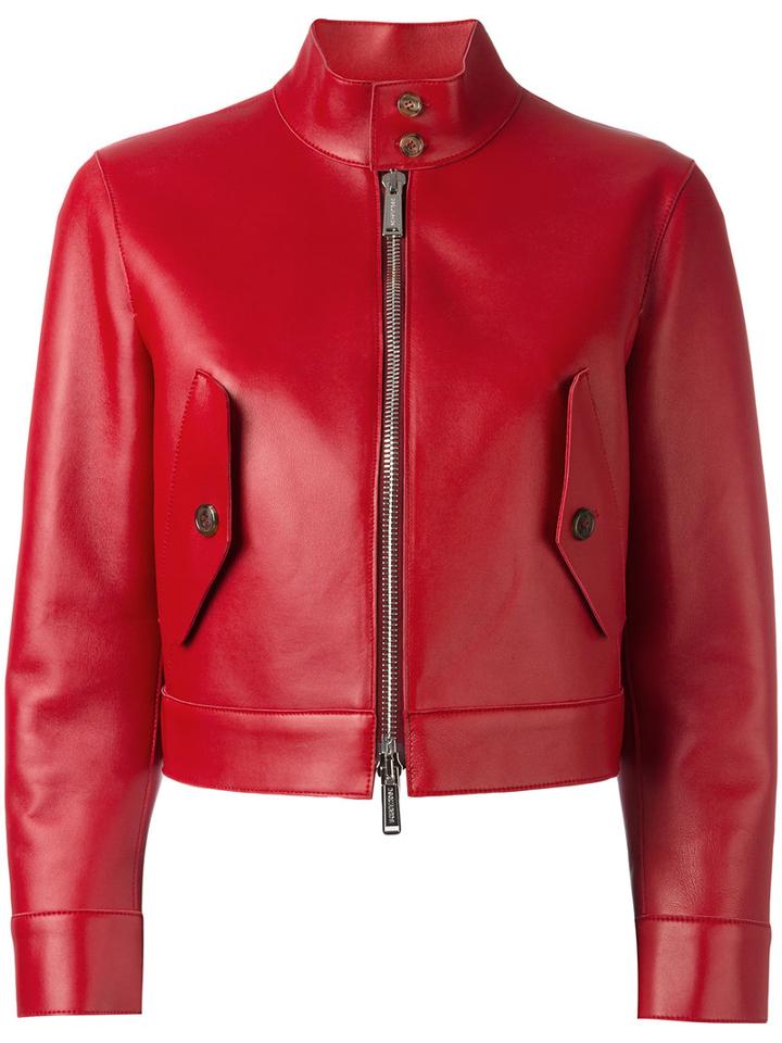Dsquared2 Cropped Biker Jacket, Women's, Size: 44, Red, Leather/viscose/polyimide/spandex/elastane